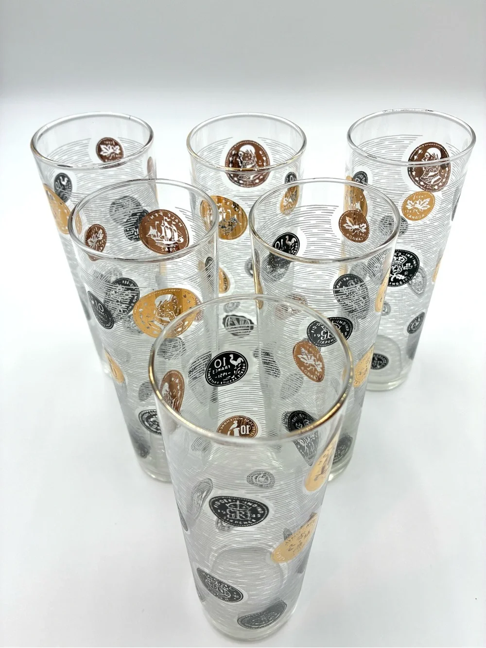 VTG Libbey Tom Collins Glasses Set of 6 International Coins Black Gold MCM 7